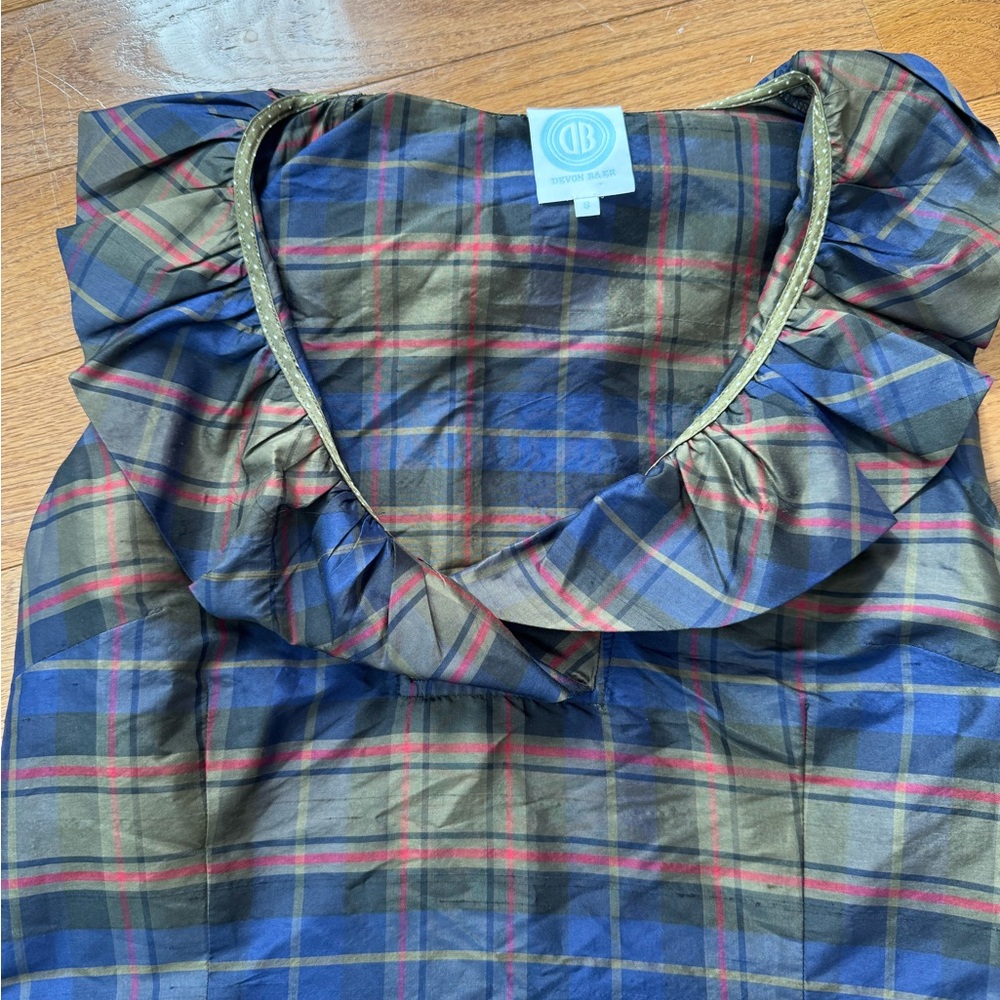 Devon Baer Small 100% Silk Plaid Ruffle Neck Dress